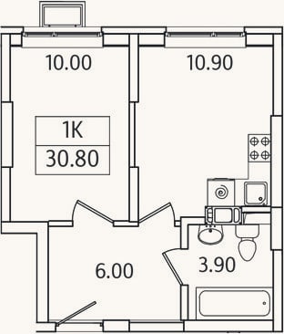 Планировка: 1-к, 30,8 м²