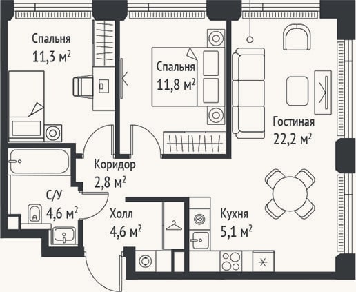 Планировка: 3-к, 62,5 м²