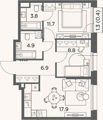 Планировка: 2-к, 54 м²