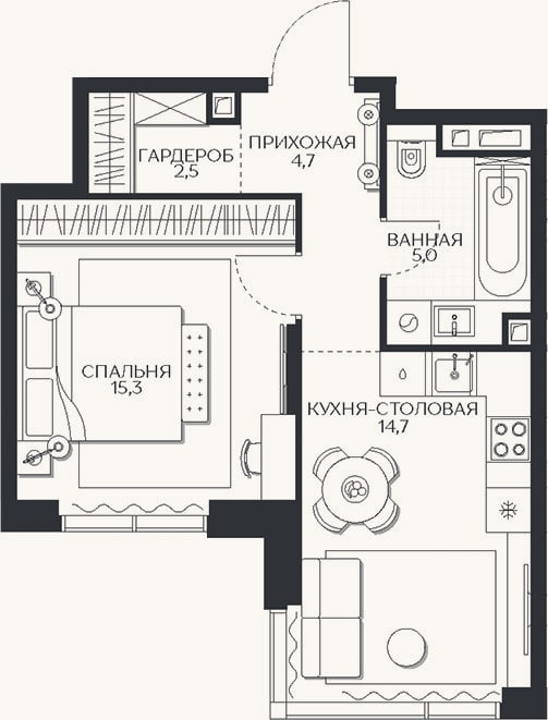 Планировка: 1-к, 42,2 м²