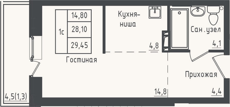 Планировка: Студия, 28,1 м²