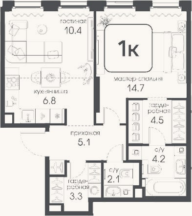Планировка: 1-к, 51,1 м²