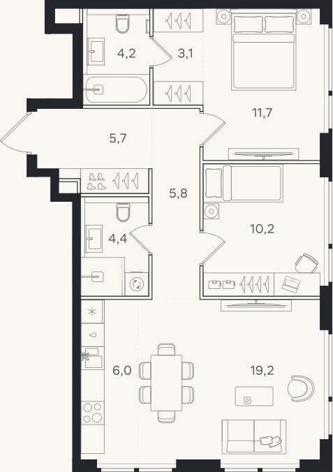 Планировка: 3-к, 70,3 м²