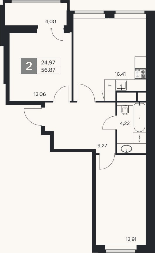 Планировка: 3-к, 54,9 м²