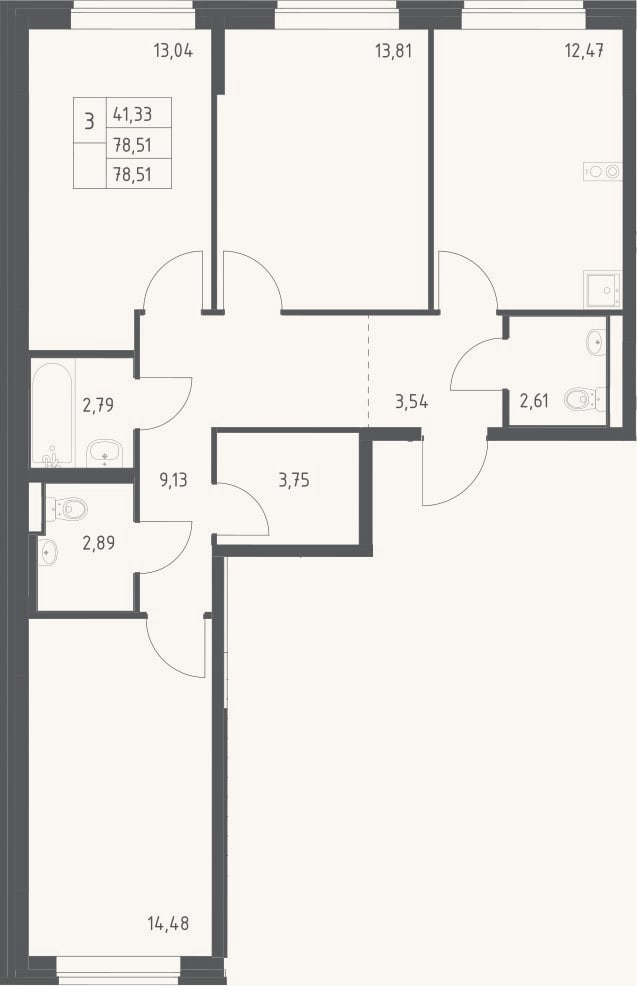 Планировка: 3-к, 78,5 м²