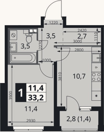 Планировка: 1-к, 31,8 м²