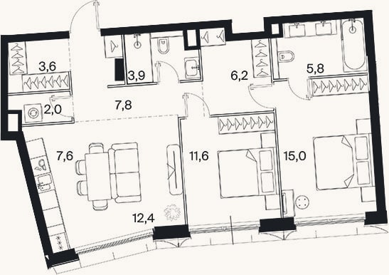 Планировка: 3-к, 76,6 м²