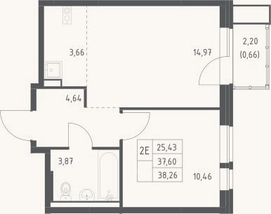 Планировка: 2-к, 37,6 м²