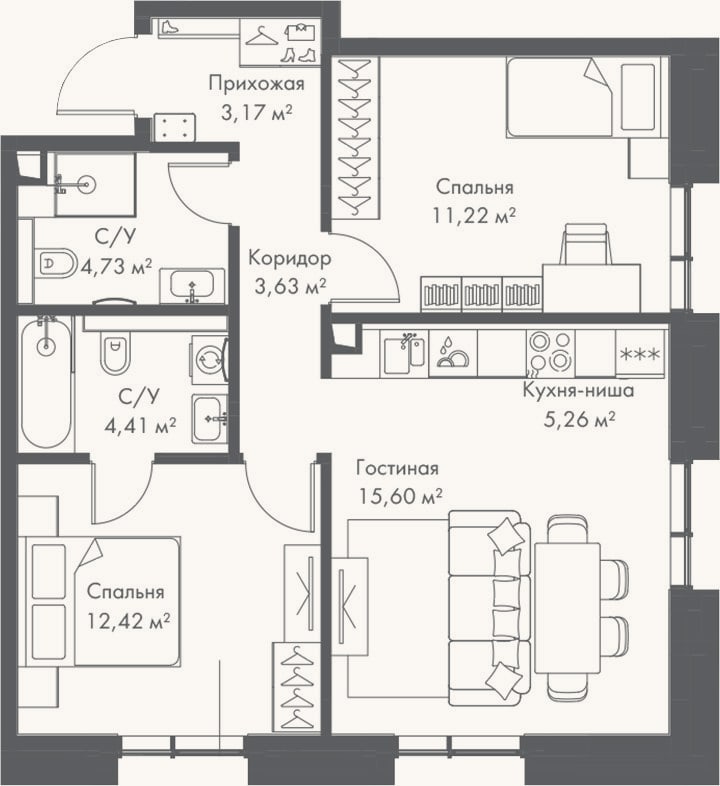 Планировка: 3-к, 62,7 м²
