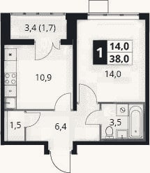 Планировка: 1-к, 36,3 м²
