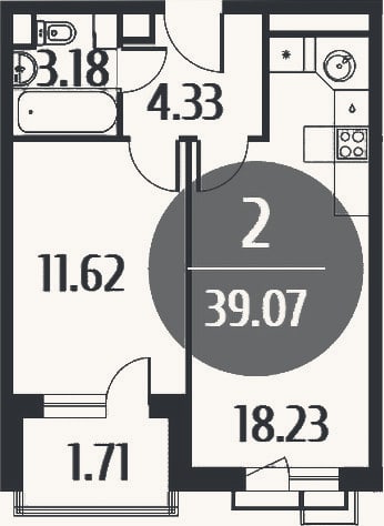 Планировка: 2-к, 37,3 м²