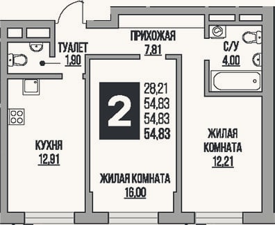 Планировка: 2-к, 54,8 м²