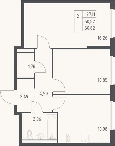 Планировка: 2-к, 50,8 м²