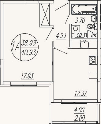 Планировка: 1-к, 38,9 м²