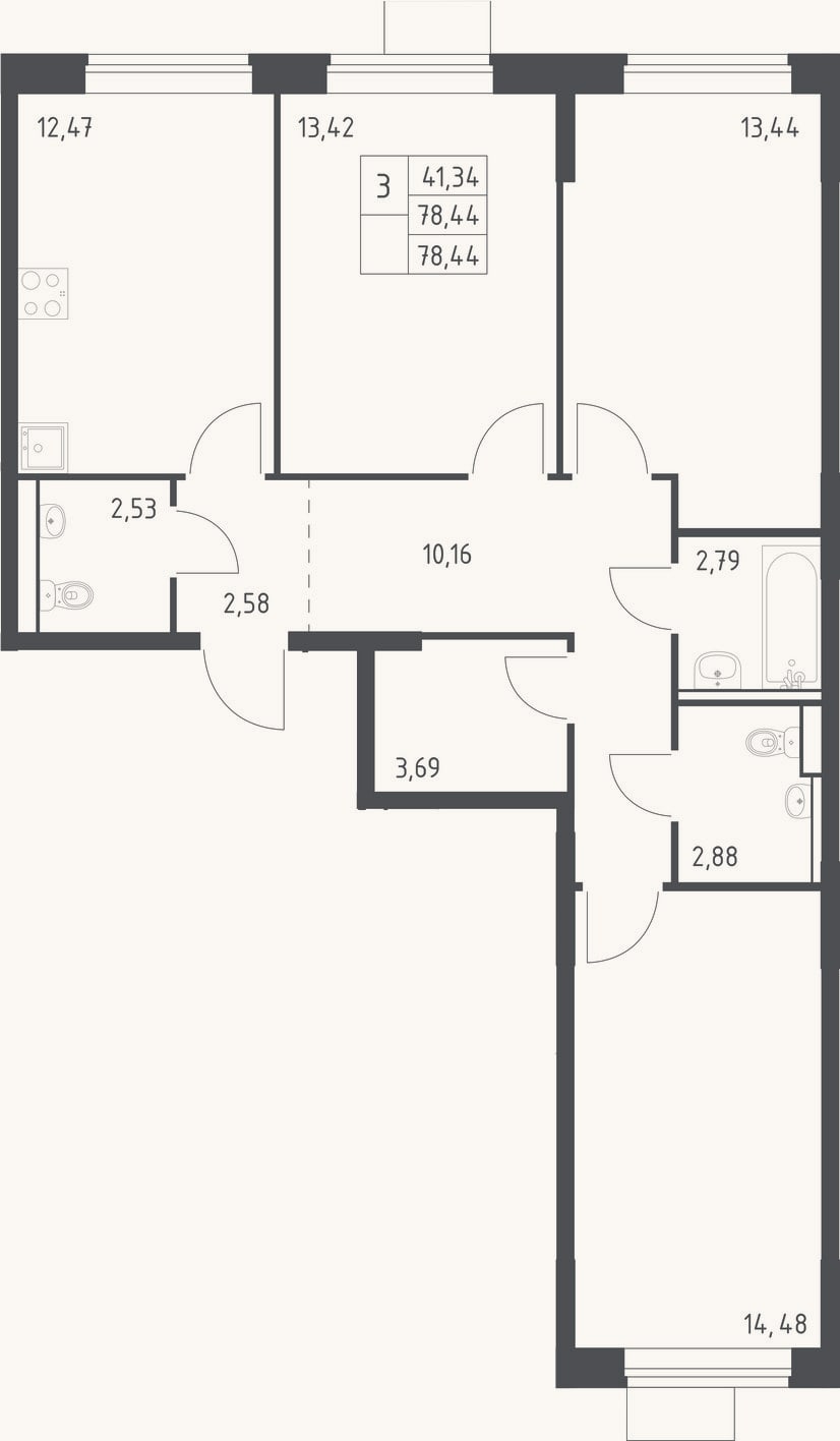 Планировка: 3-к, 78,4 м²