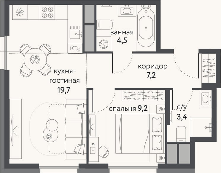 Планировка: 2-к, 44 м²