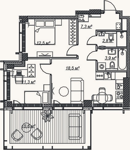 Планировка: 3-к, 56,3 м²
