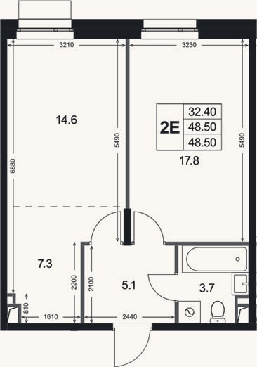 Планировка: 2-к, 48,5 м²