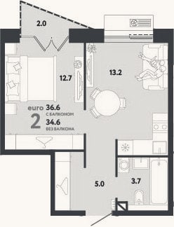 Планировка: 2-к, 34,6 м²