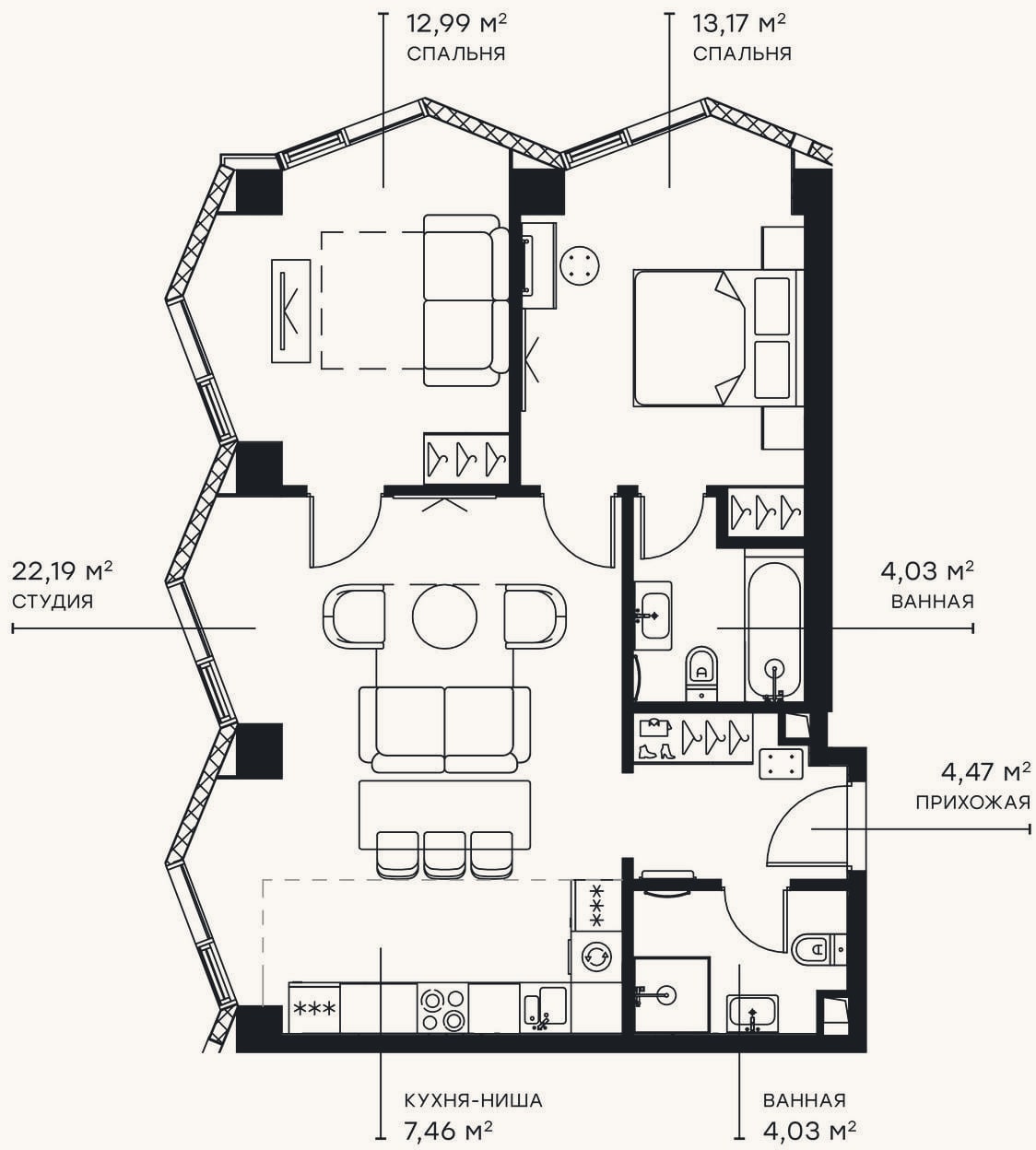 Планировка: 3-к, 68,3 м²