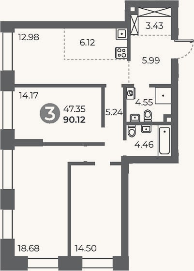 Планировка: 3-к, 90,1 м²