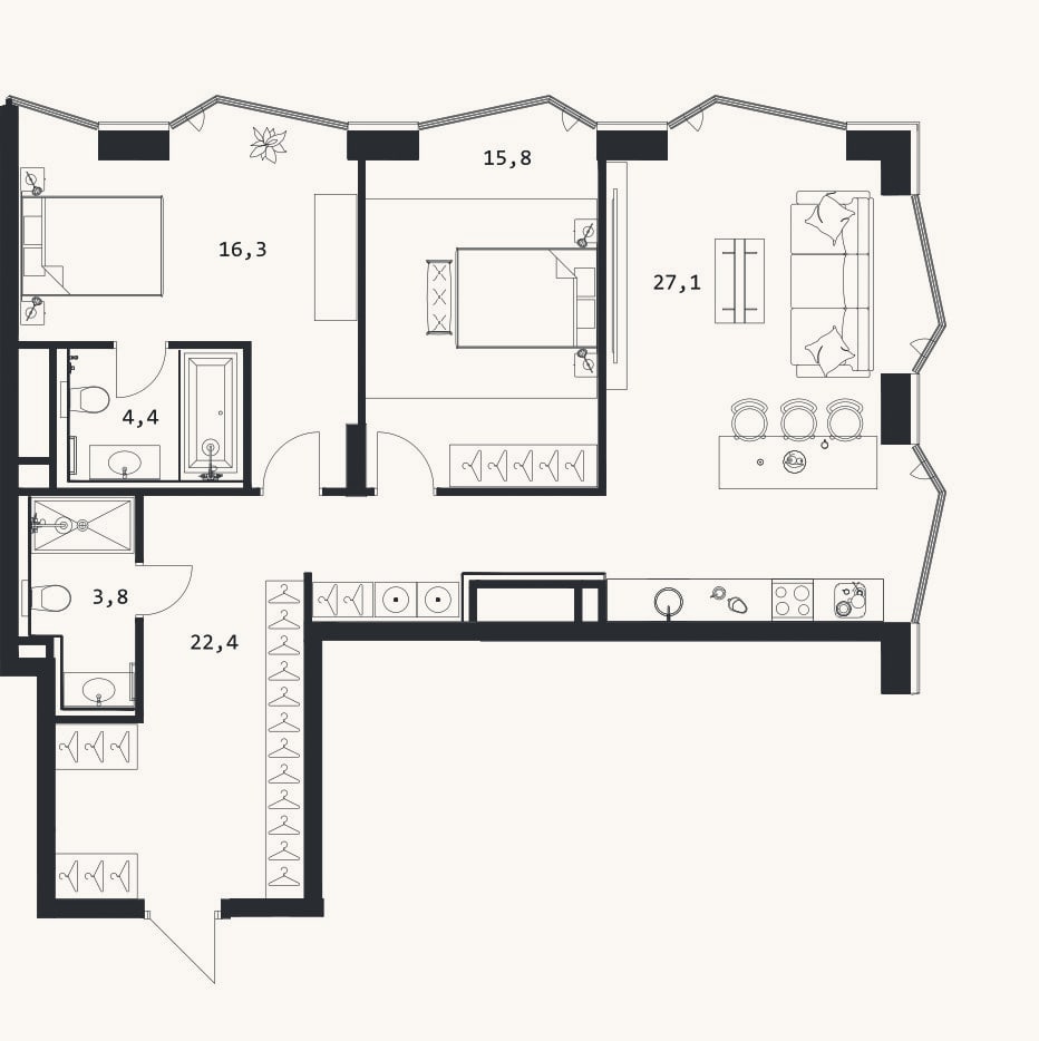 Планировка: 3-к, 89,8 м²