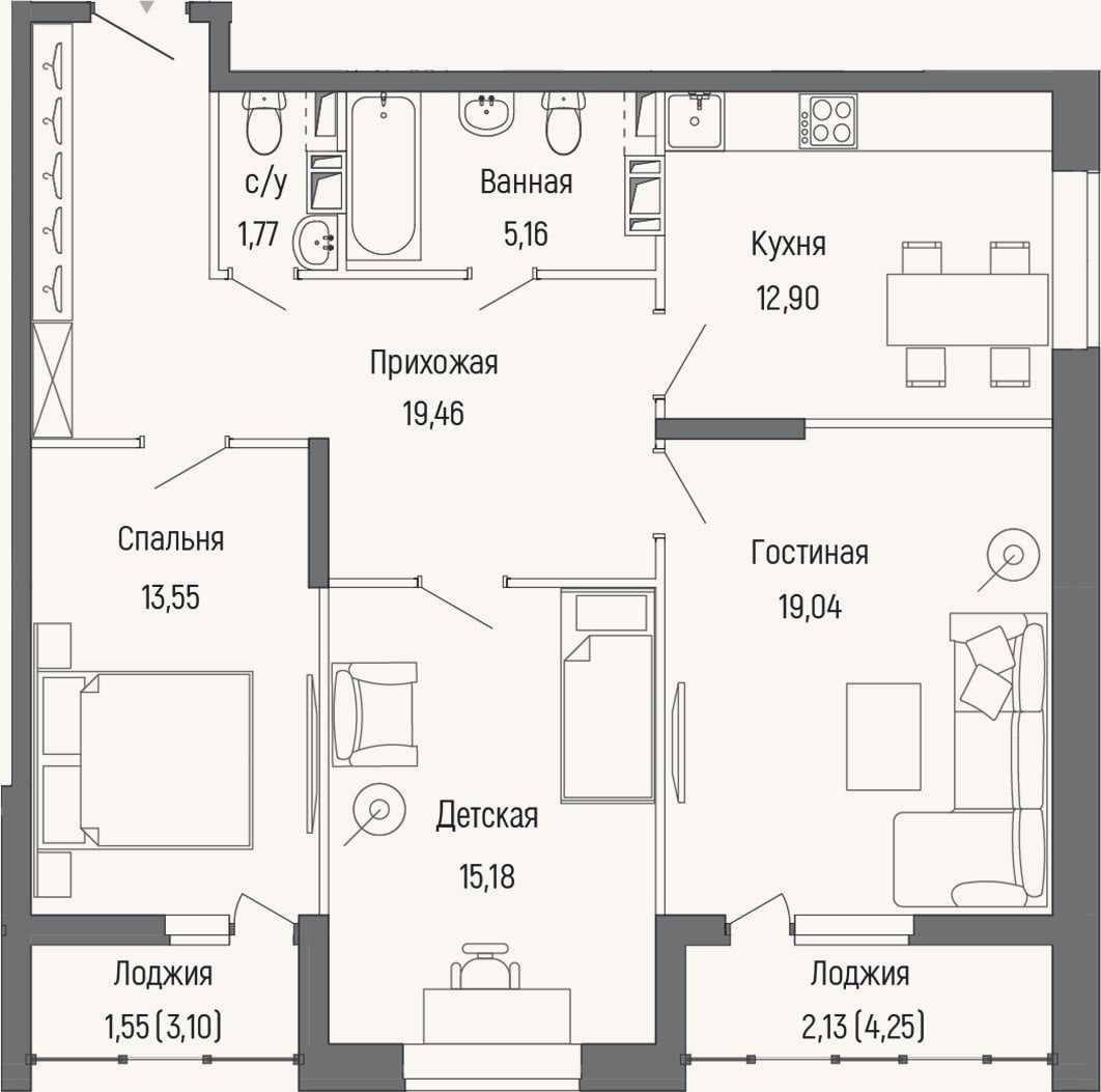 Планировка: 3-к, 85,4 м²
