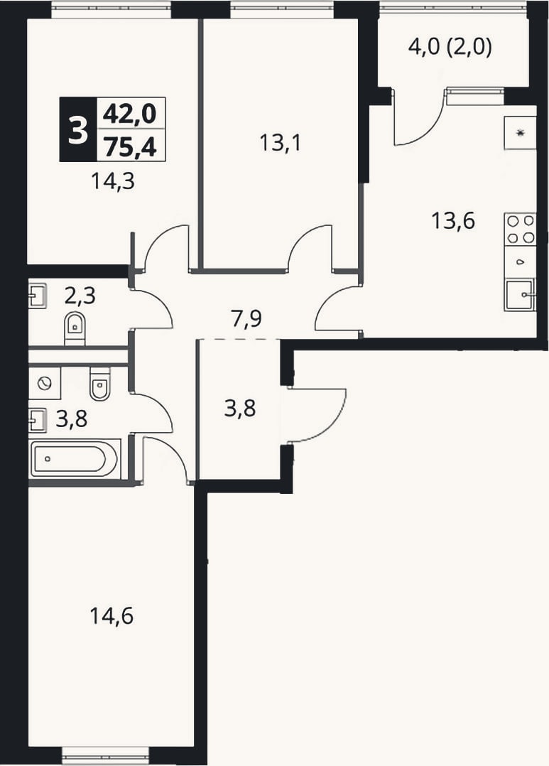 Планировка: 3-к, 73,4 м²