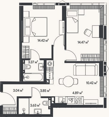 Планировка: 3-к, 58,1 м²