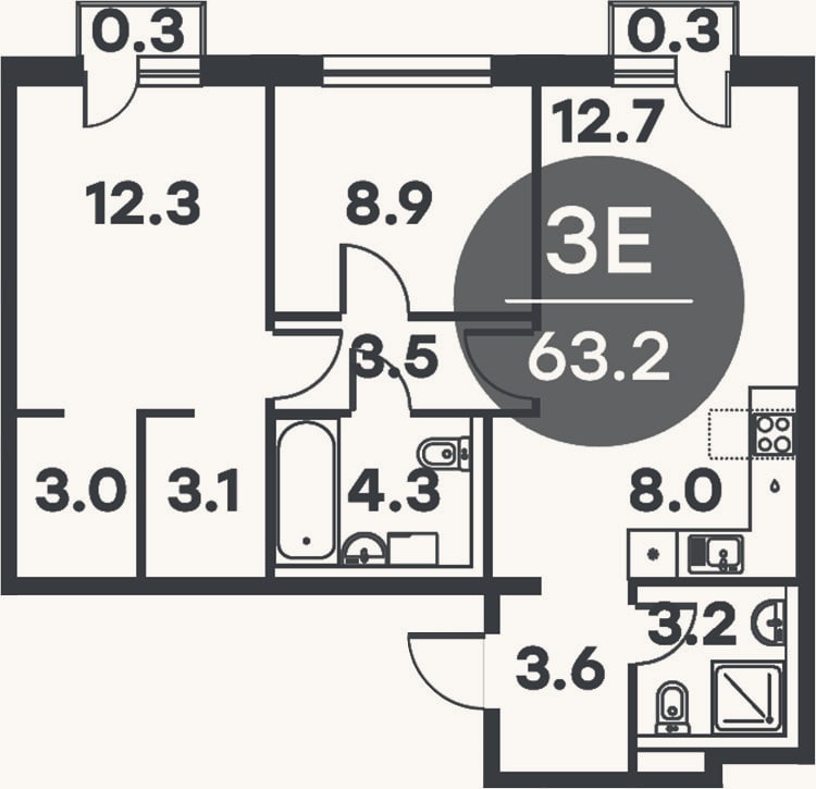 Планировка: 3-к, 62,6 м²