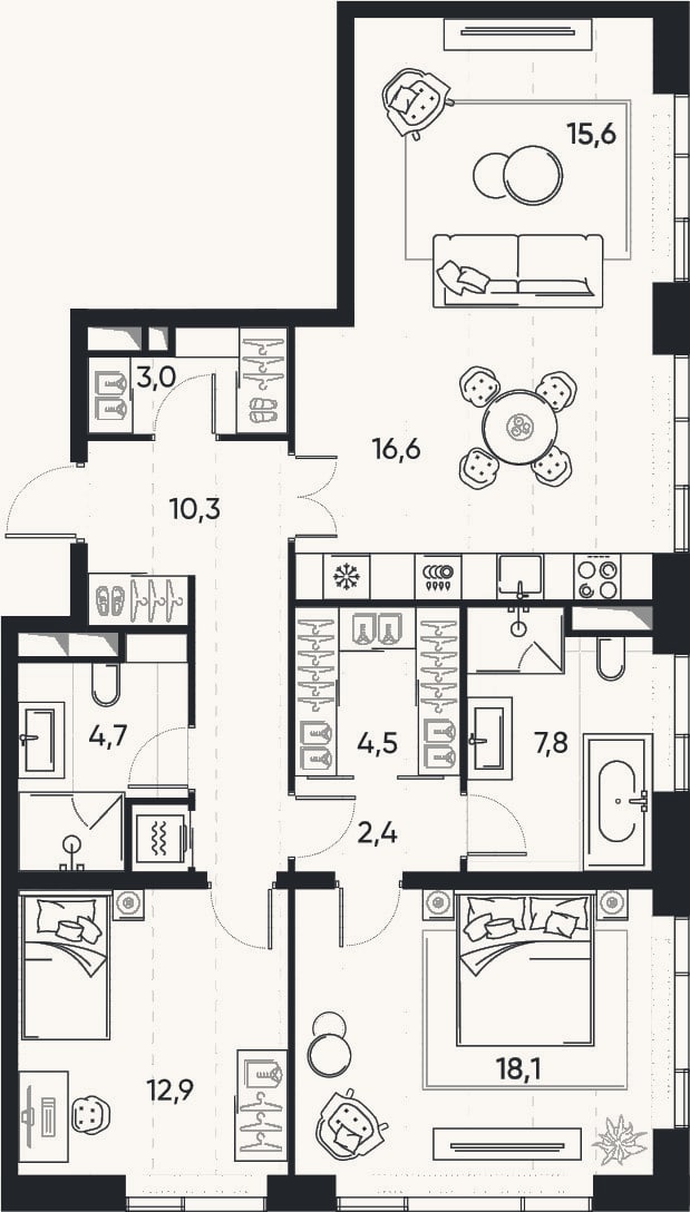 Планировка: 3-к, 96,9 м²