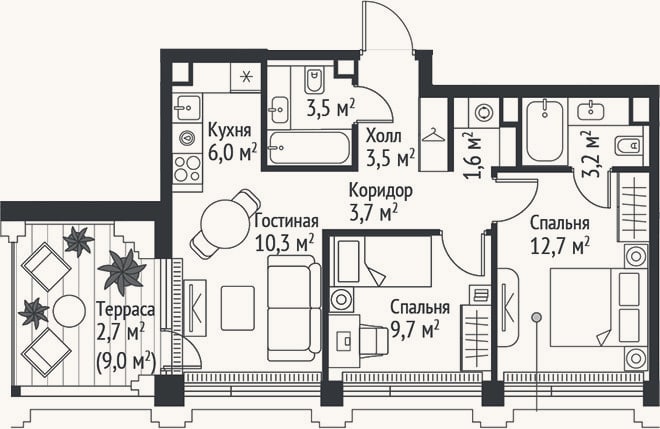 Планировка: 3-к, 54,2 м²