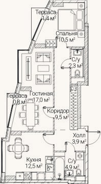Планировка: 2-к, 58,5 м²