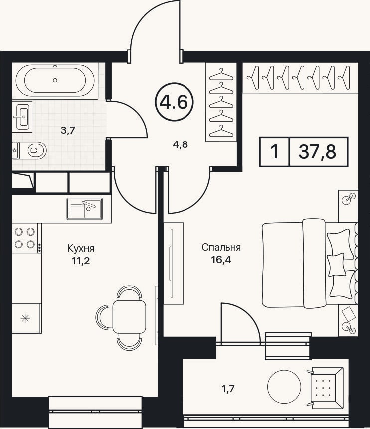 Планировка: 1-к, 36,1 м²