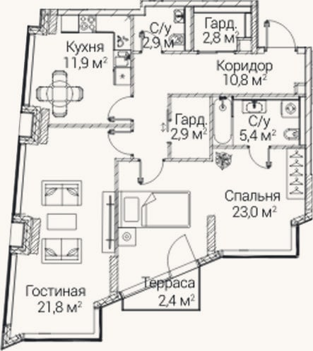 Планировка: 2-к, 80,1 м²