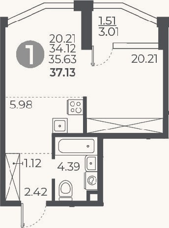 Планировка: Студия, 34,1 м²