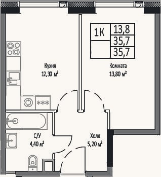 Планировка: 1-к, 35,7 м²