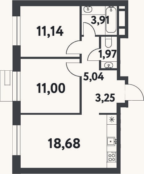 Планировка: 2-к, 55 м²