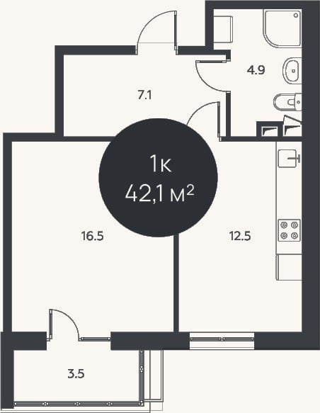 Планировка: 1-к, 41 м²