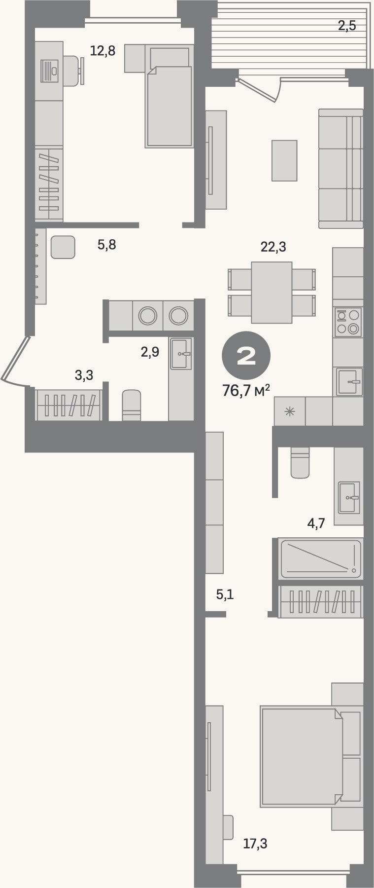 Планировка: 2-к, 74,2 м²