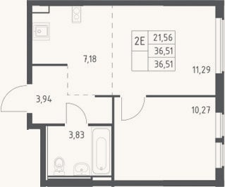 Планировка: 2-к, 36,5 м²