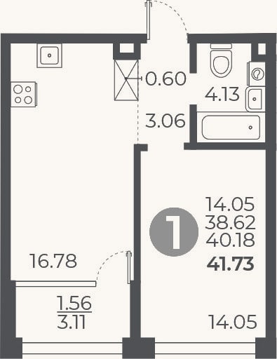 Планировка: 1-к, 38,6 м²