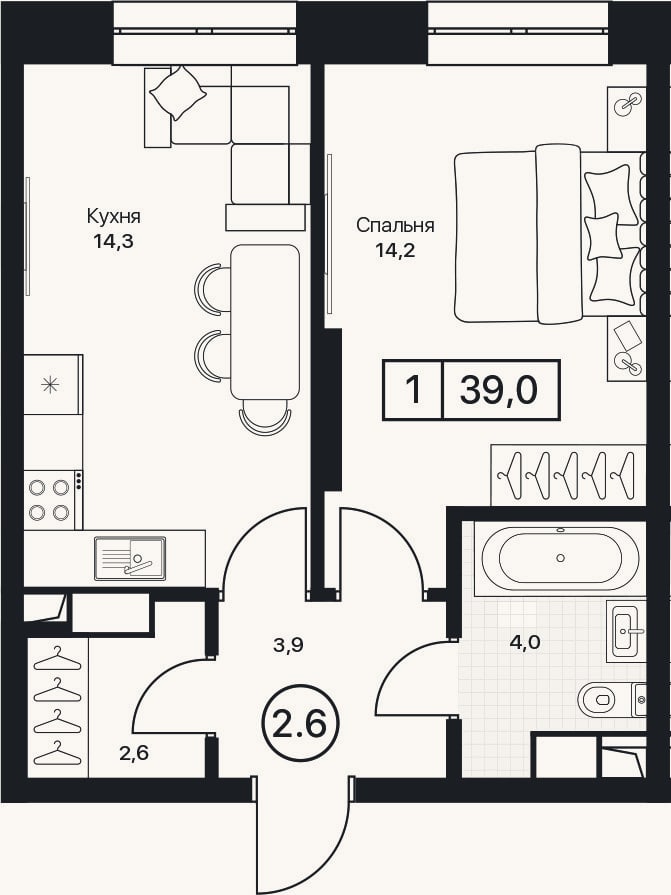 Планировка: 1-к, 36,8 м²