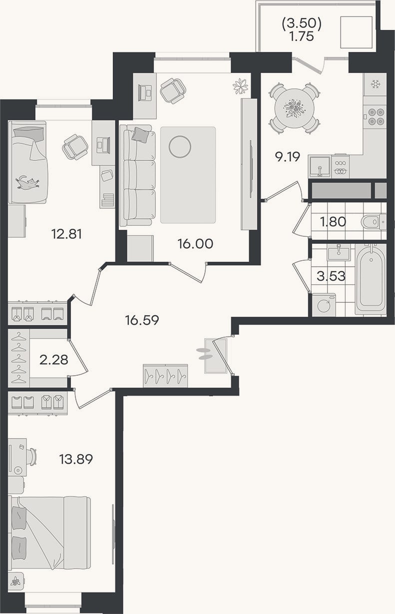 Планировка: 3-к, 76,1 м²
