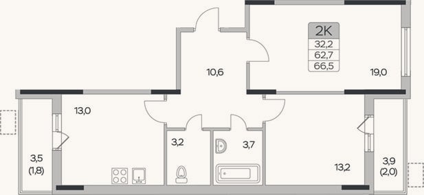 Планировка: 2-к, 62,7 м²