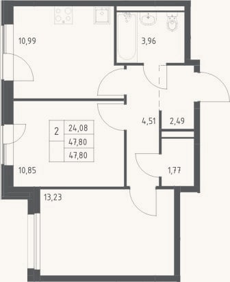 Планировка: 2-к, 47,8 м²