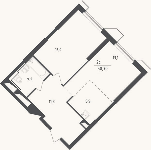 Планировка: 2-к, 50,7 м²