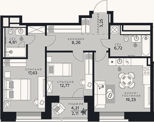 Планировка: 3-к, 72,5 м²