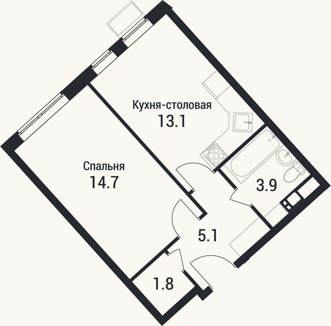Планировка: 1-к, 38,6 м²