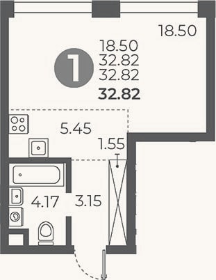 Планировка: Студия, 32,8 м²